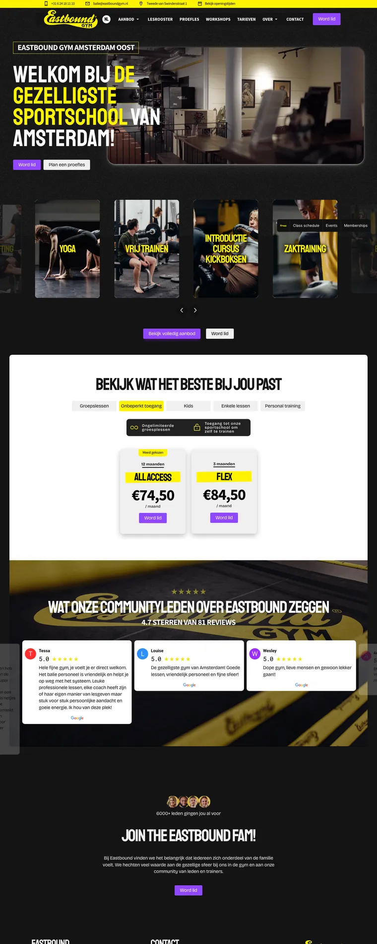 Homepage of the Eastbound Gym website, built by TNG
