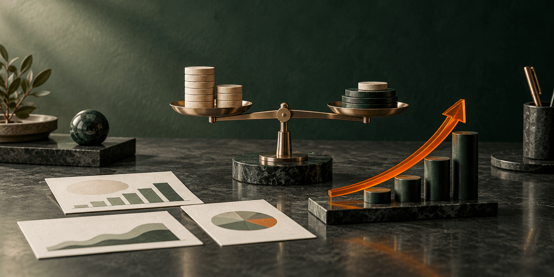 Balans, marges en een stijgende groeigrafiek als visualisatie van winstgerichte performance marketing