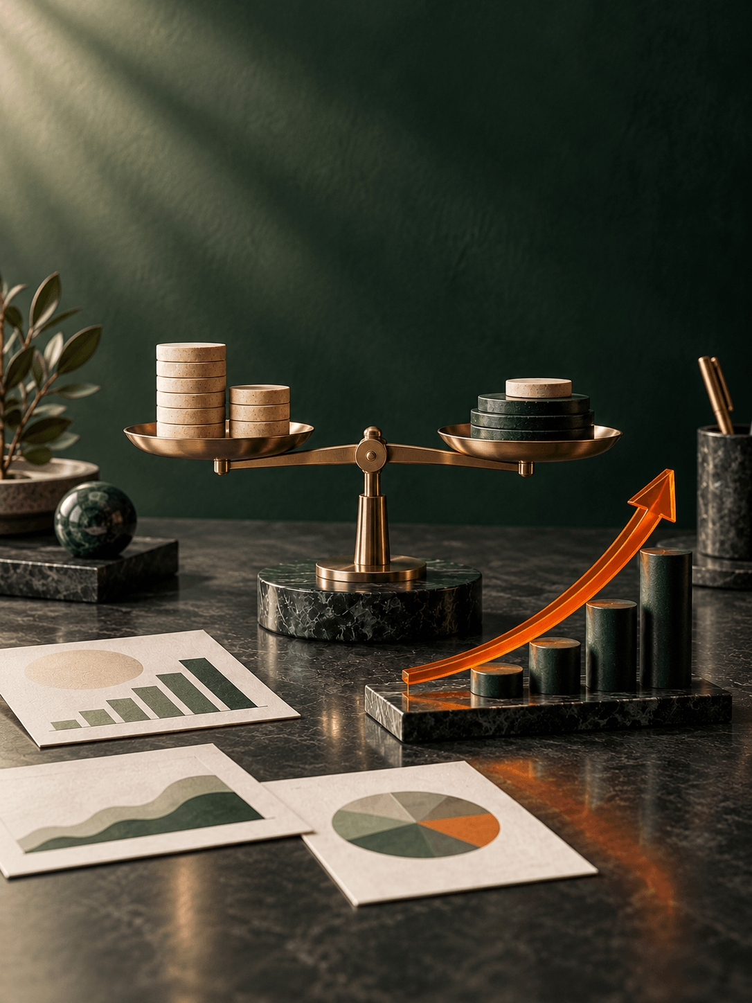 Balans met marketinginvesteringen en groeigrafiek als symbool voor winstgevende performance marketing