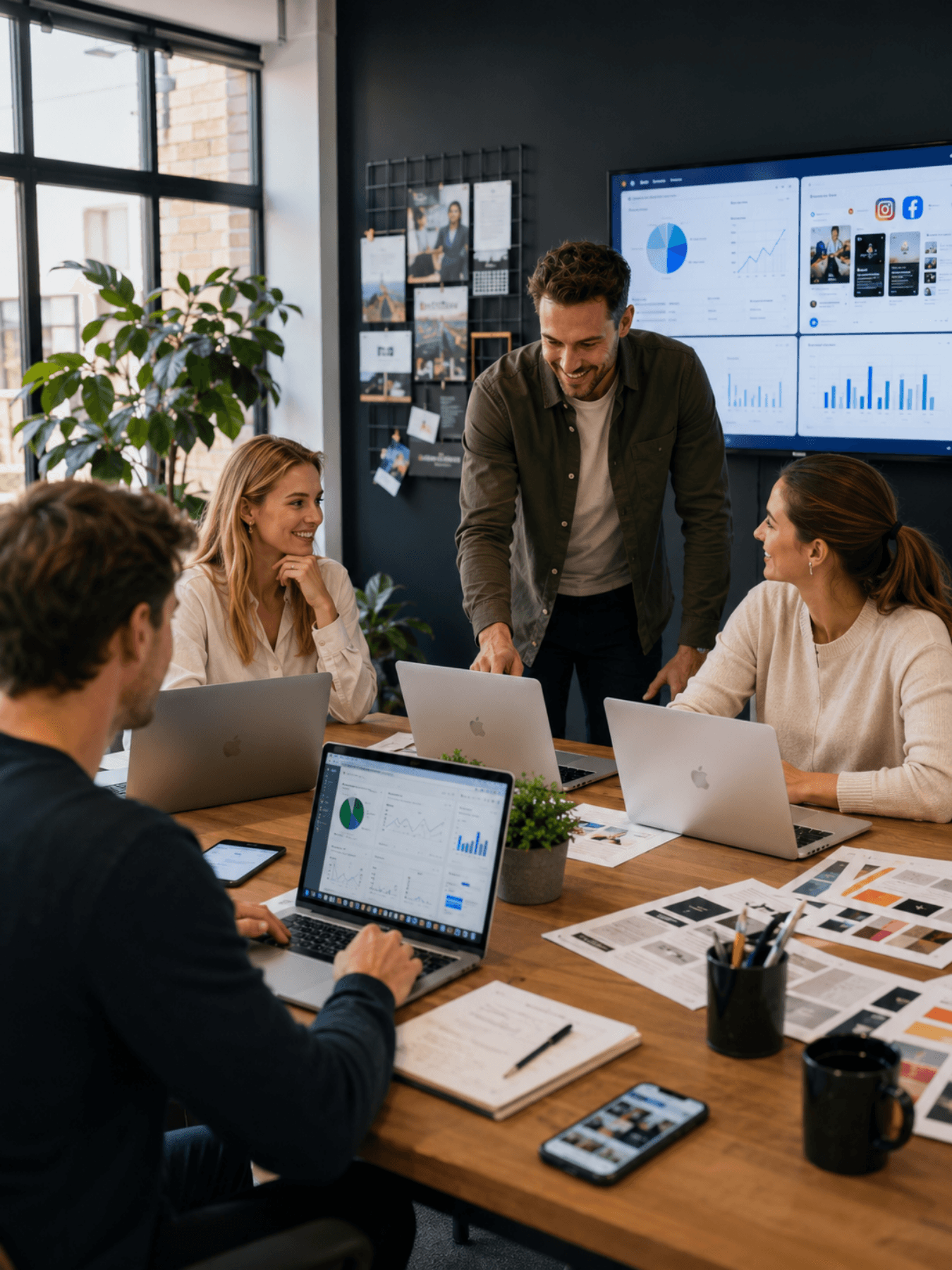 Marketingteam overlegt rond een tafel met laptops en dashboards op het scherm
